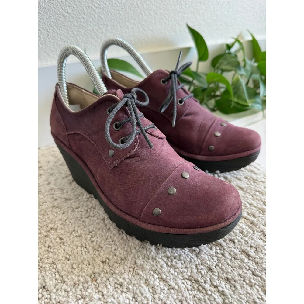 Fly London Yoti Plum Nubuck Studded Wedge Oxfords 38 US 7.5-8 Artisan